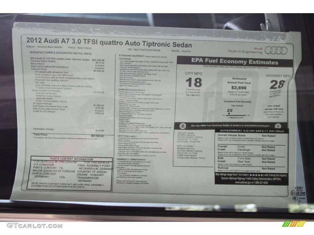 2012 Audi A7 3.0T quattro Premium Plus Window Sticker Photos