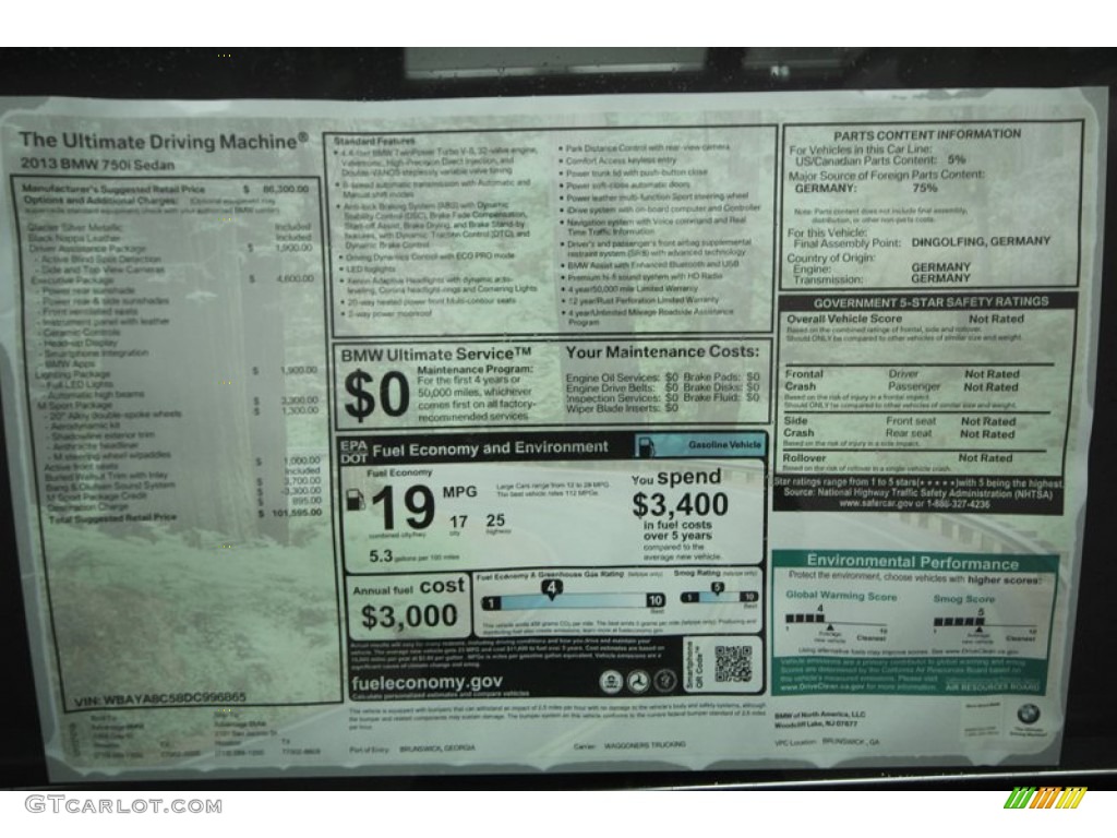2013 BMW 7 Series 750i Sedan Window Sticker Photo #75355912