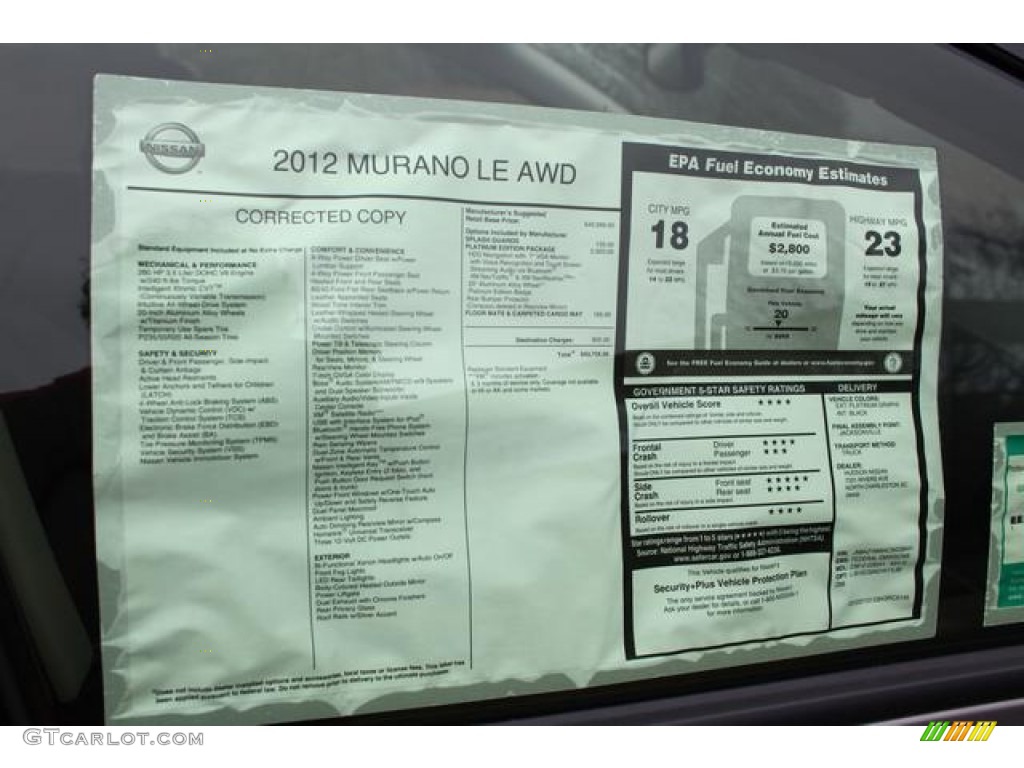 2012 Nissan Murano LE AWD Window Sticker Photo #75358646
