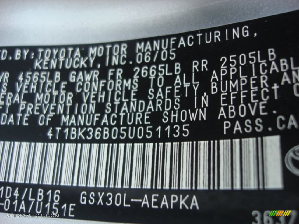 2005 Toyota Avalon Limited Color Code Photos