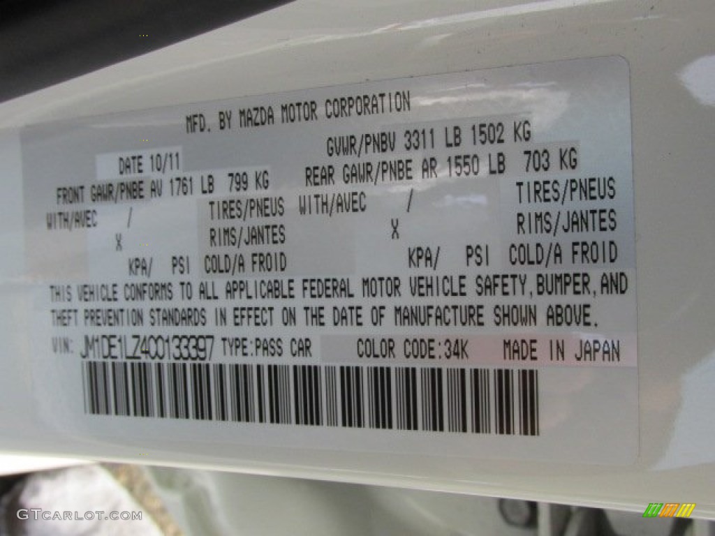 2012 MAZDA2 Color Code 34K for Crystal White Pearl Mica Photo #75374435