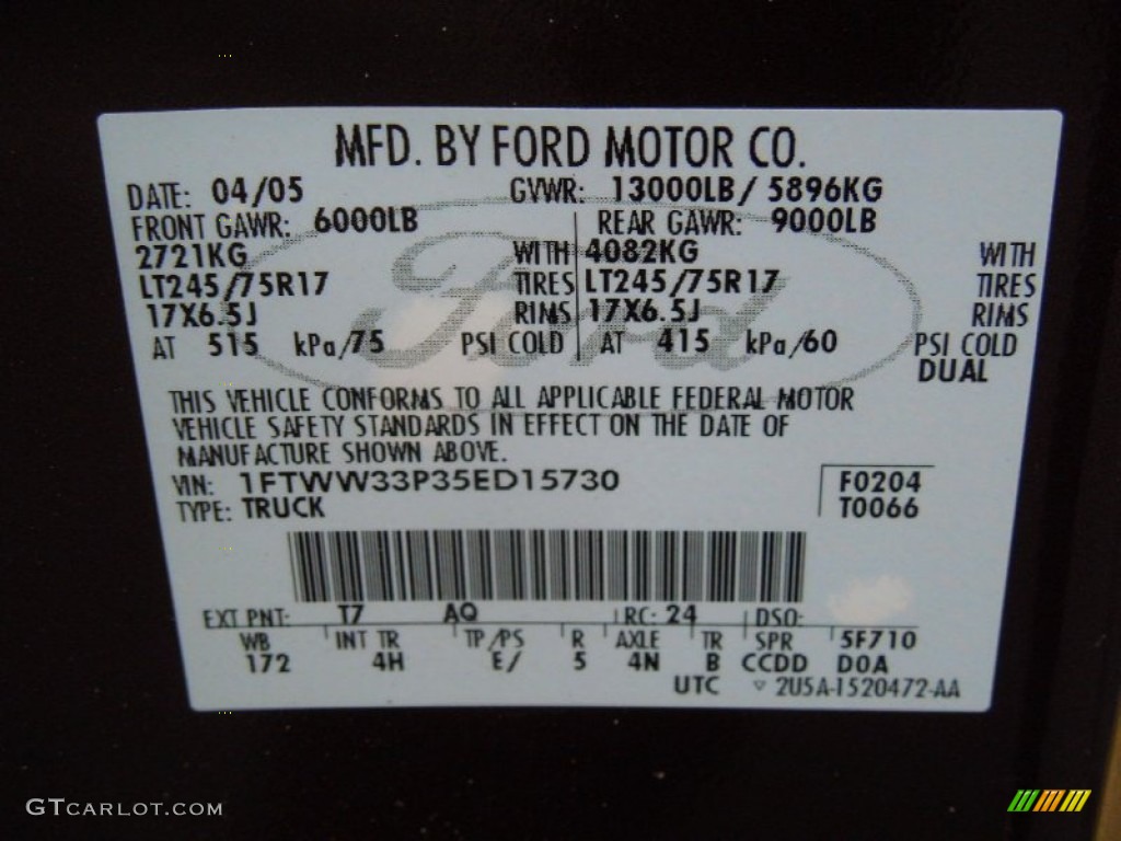 2005 F350 Super Duty Color Code T7 for Dark Stone Metallic Photo #75385739