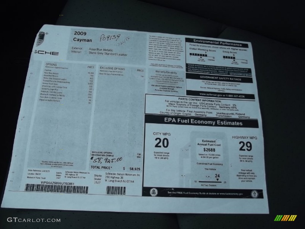 2009 Porsche Cayman Standard Cayman Model Window Sticker Photos