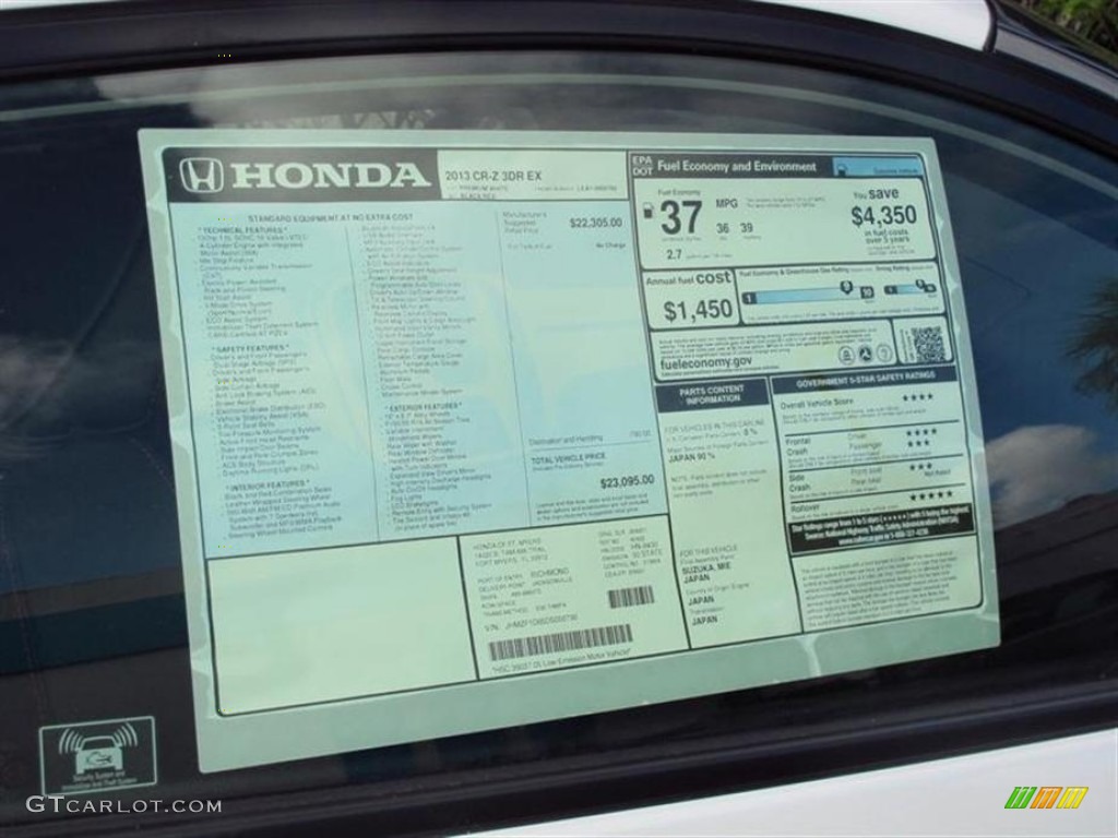2013 Honda CR-Z EX Sport Hybrid Window Sticker Photo #75400740