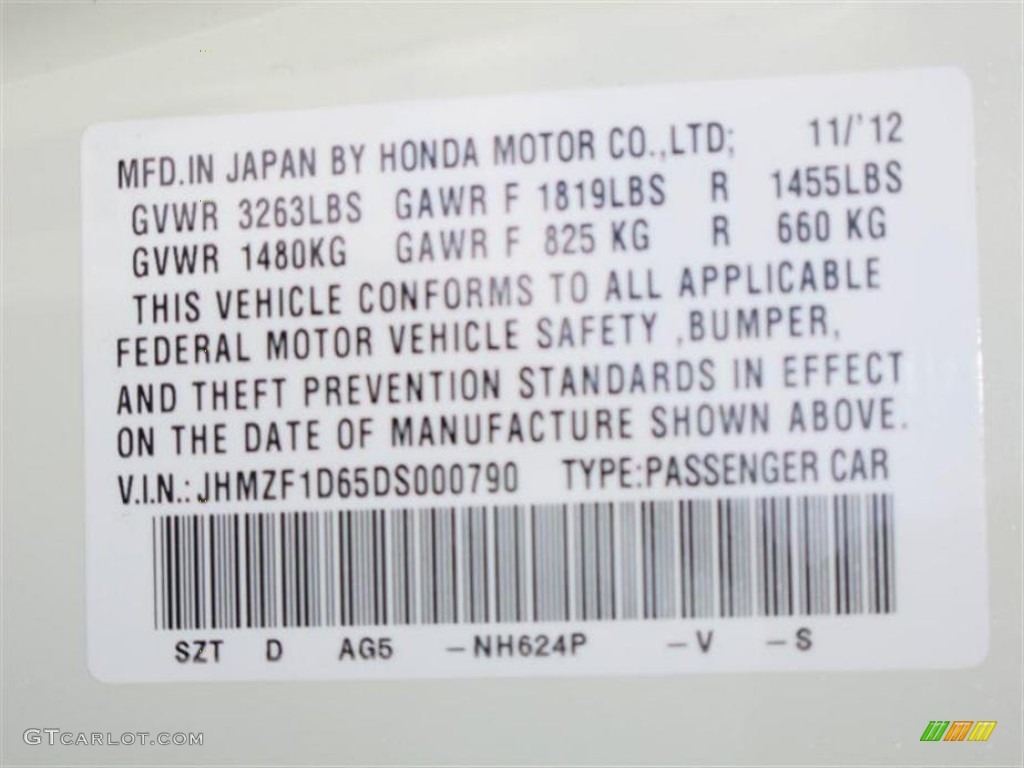 2013 CR-Z Color Code NH624P for Premium White Pearl Photo #75400842