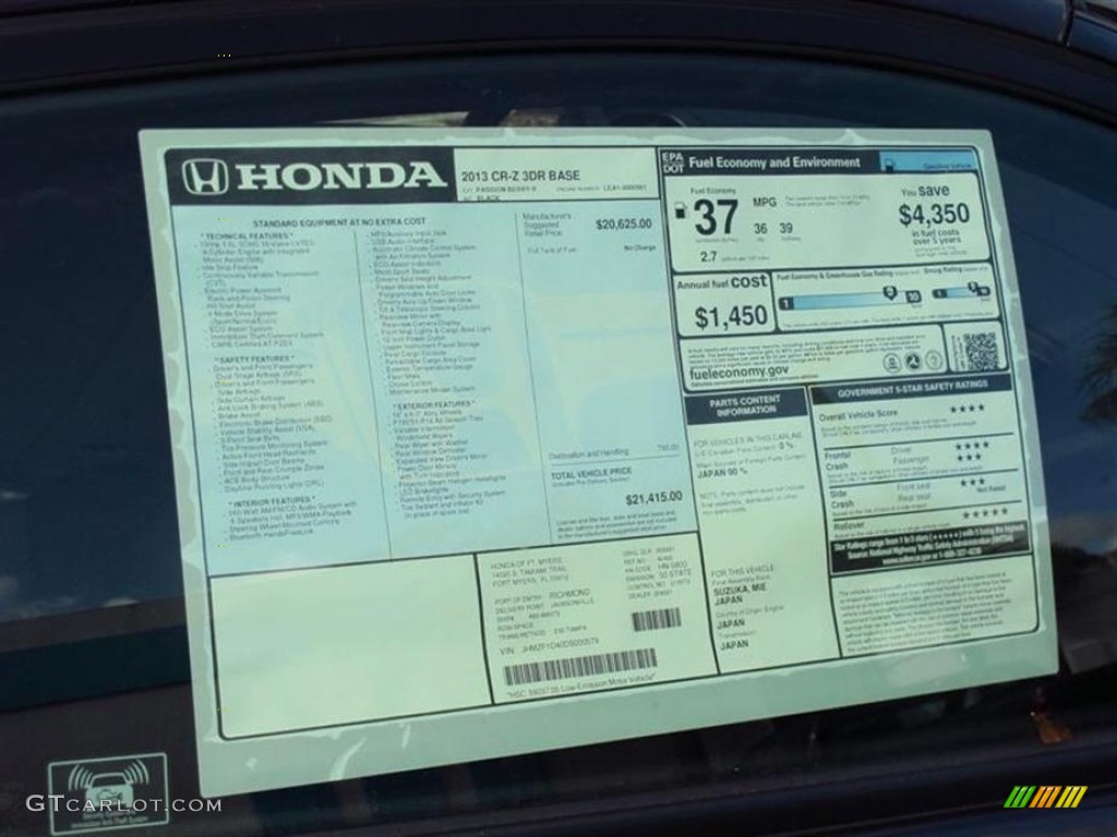 2013 Honda CR-Z Sport Hybrid Window Sticker Photo #75401139