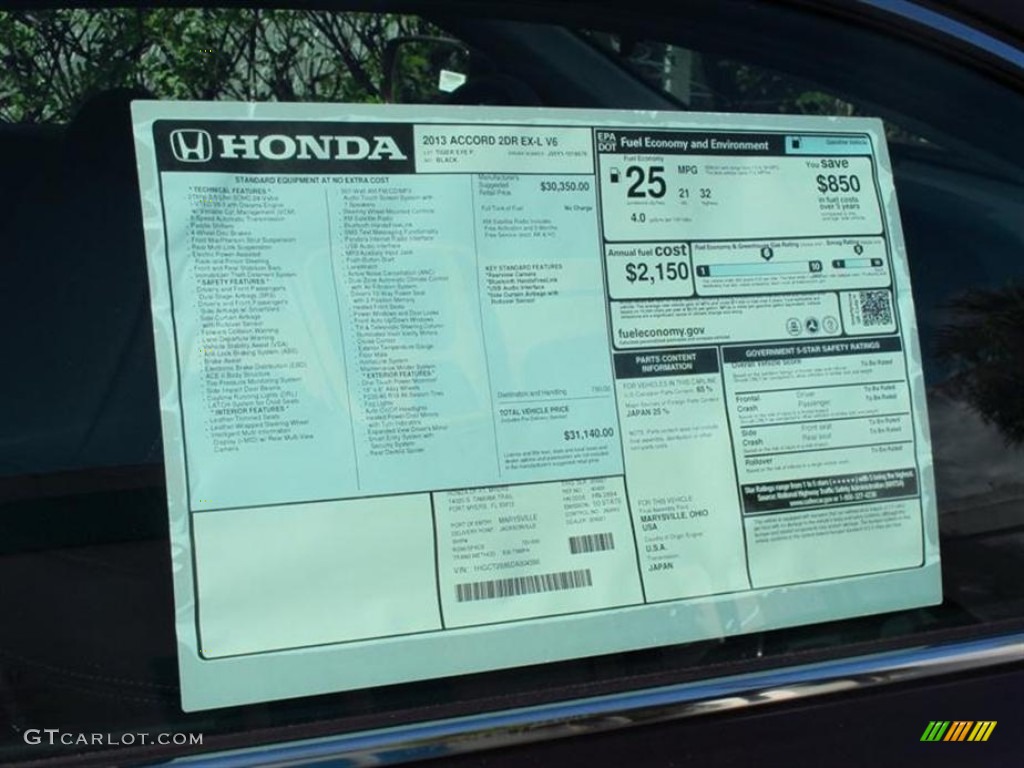 2013 Honda Accord EX-L V6 Coupe Window Sticker Photo #75402882