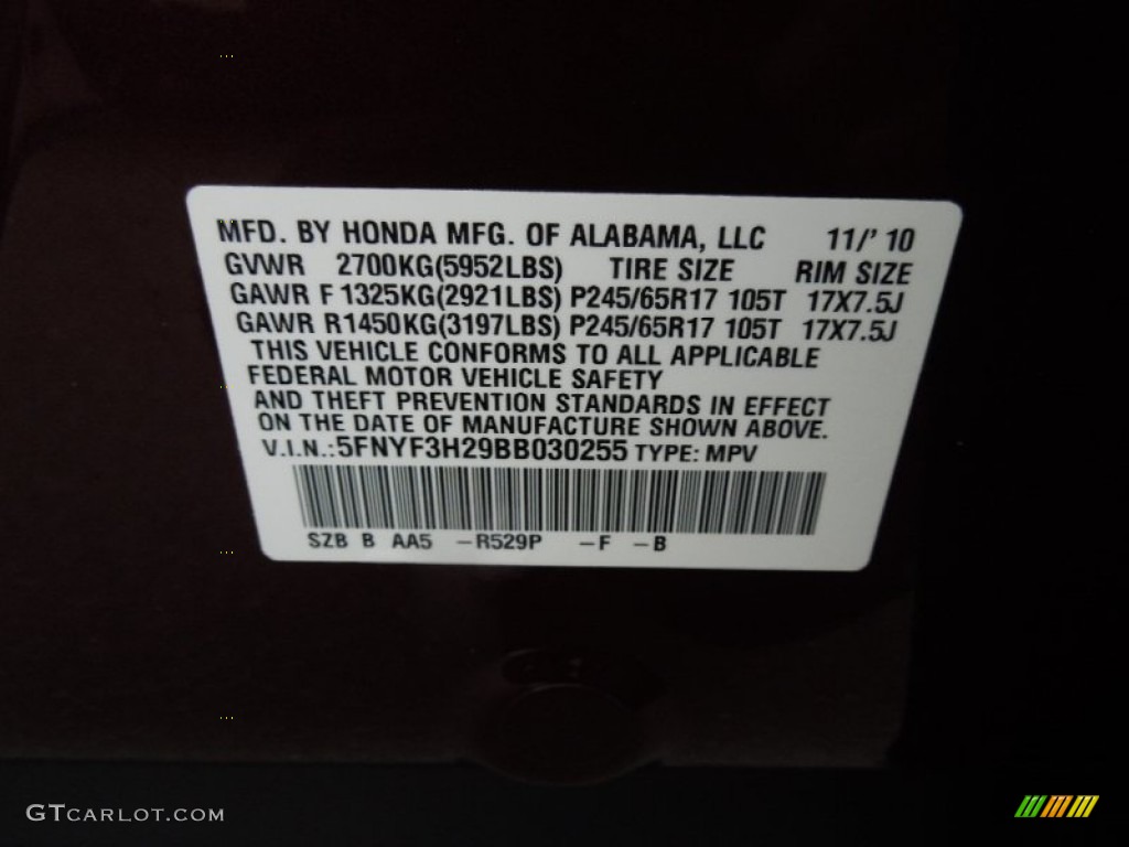 2011 Pilot Color Code R529P for Dark Cherry Pearl Photo #75408351