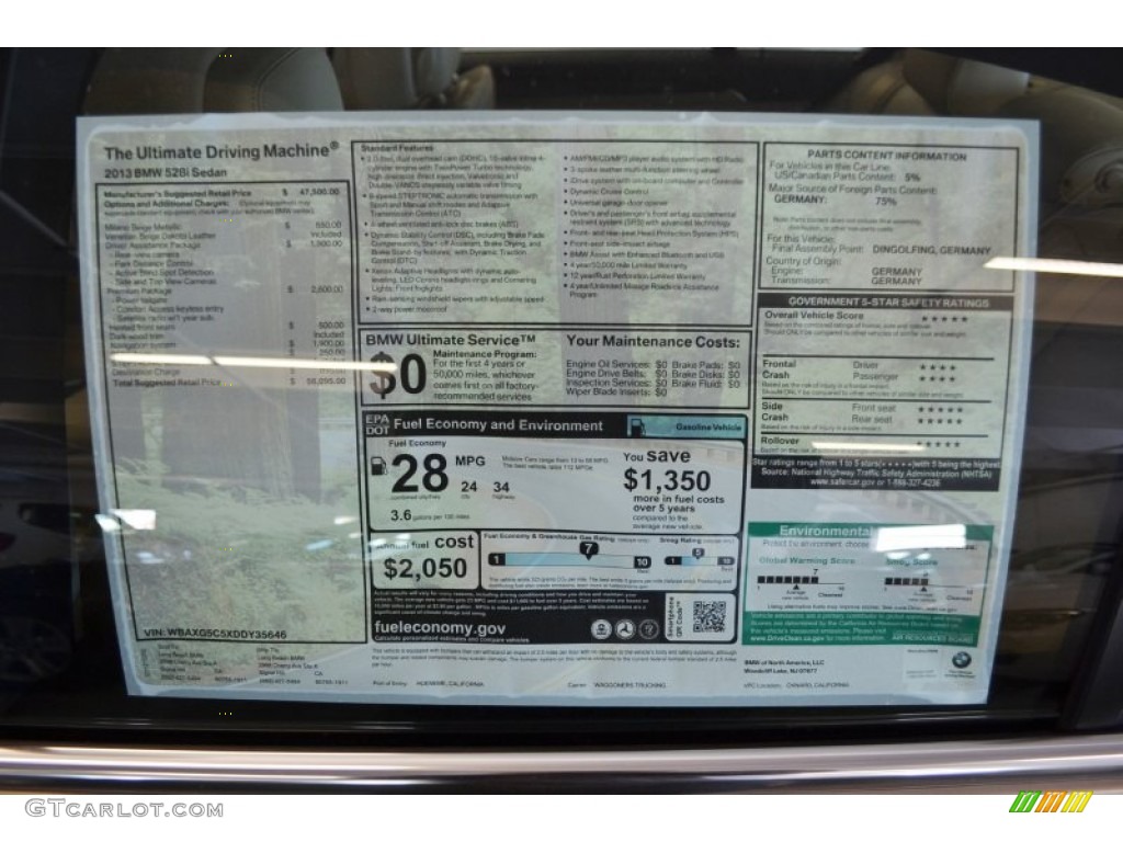 2013 BMW 5 Series 528i Sedan Window Sticker Photo #75424635