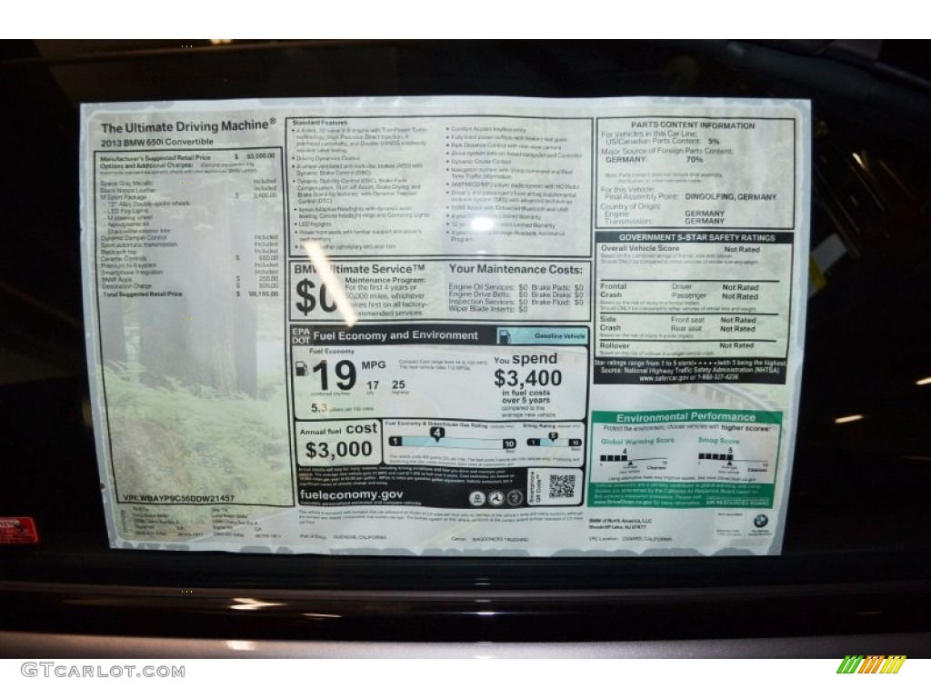 2013 BMW 6 Series 650i Convertible Window Sticker Photo #75425844