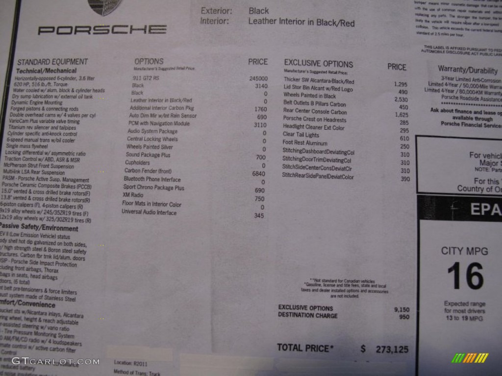 2011 Porsche 911 GT2 RS Window Sticker Photo #75429194