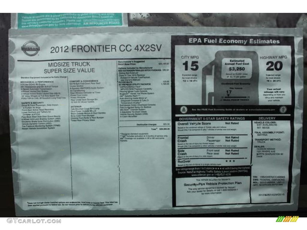 2012 Nissan Frontier SV Crew Cab Window Sticker Photo #75434721