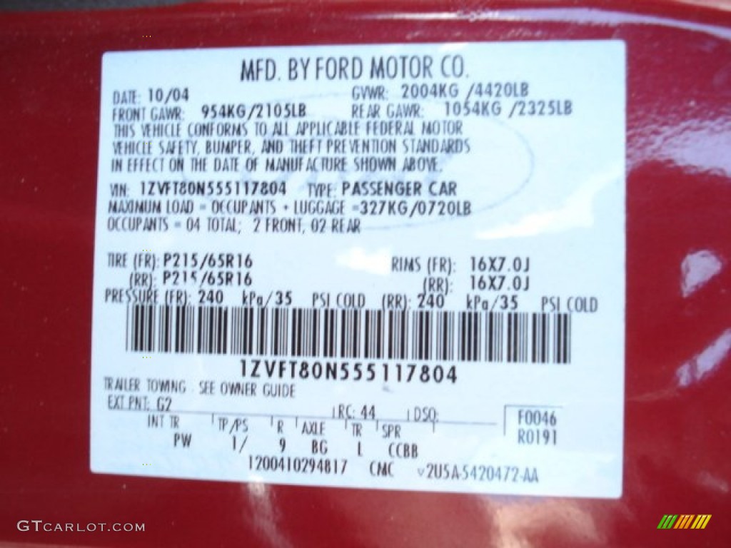 2005 Mustang Color Code G2 for Redfire Metallic Photo #75479729