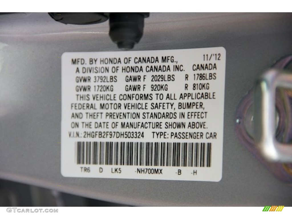 2013 Civic Color Code NH700MX for Alabaster Silver Metallic Photo #75486317