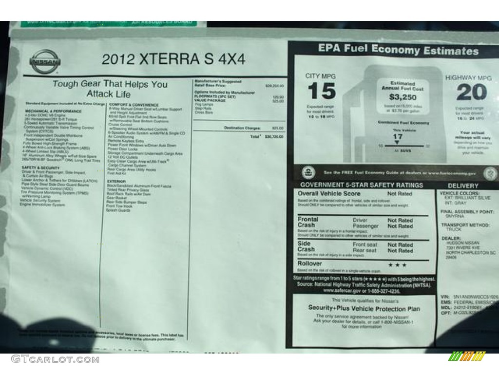 2012 Nissan Xterra S 4x4 Window Sticker Photo #75500115