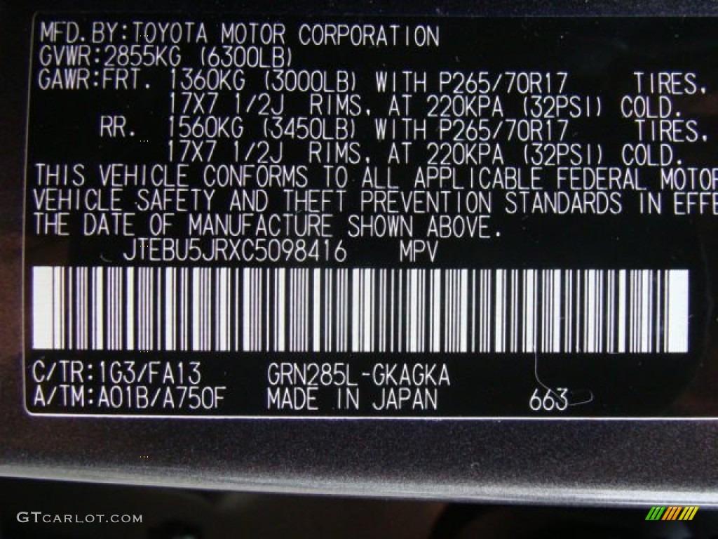 2012 Toyota 4Runner Trail 4x4 Color Code Photos