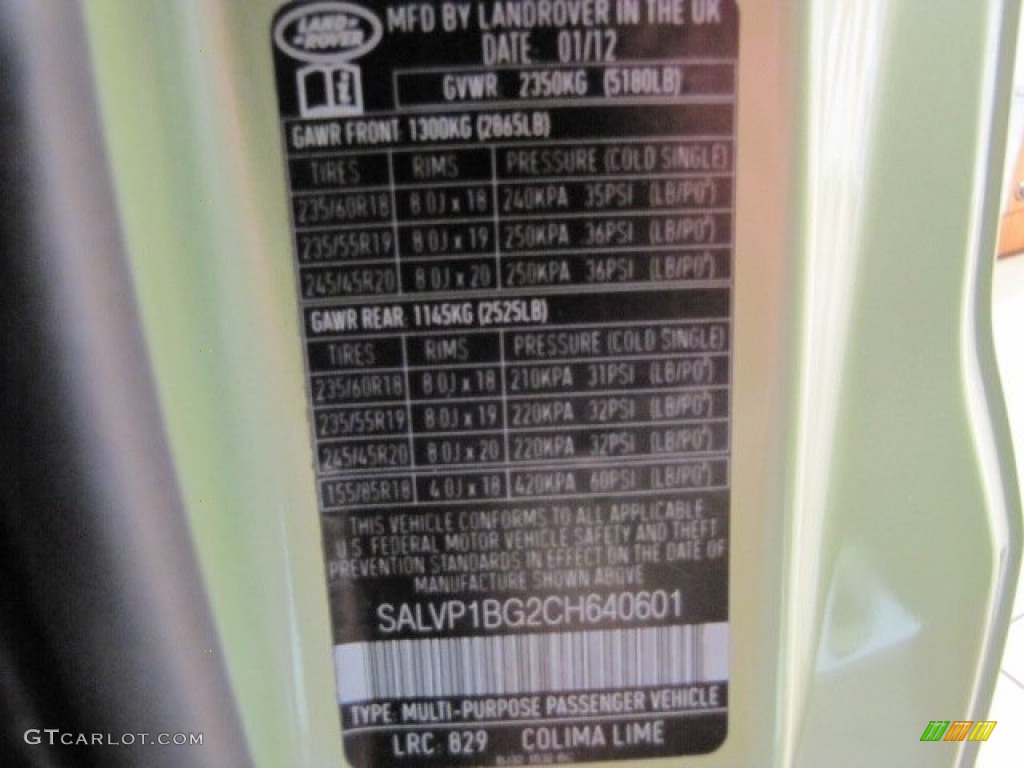 2012 Range Rover Evoque Color Code 829 for Colima Lime Metallic Photo #75533882