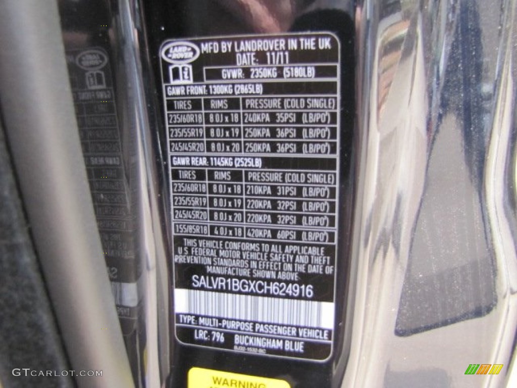 2012 Range Rover Evoque Color Code 796 for Buckingham Blue Metallic Photo #75534174