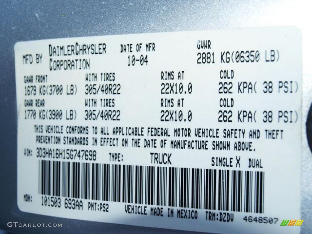 2005 Ram 1500 Color Code PS2 for Bright Silver Metallic Photo #75535578