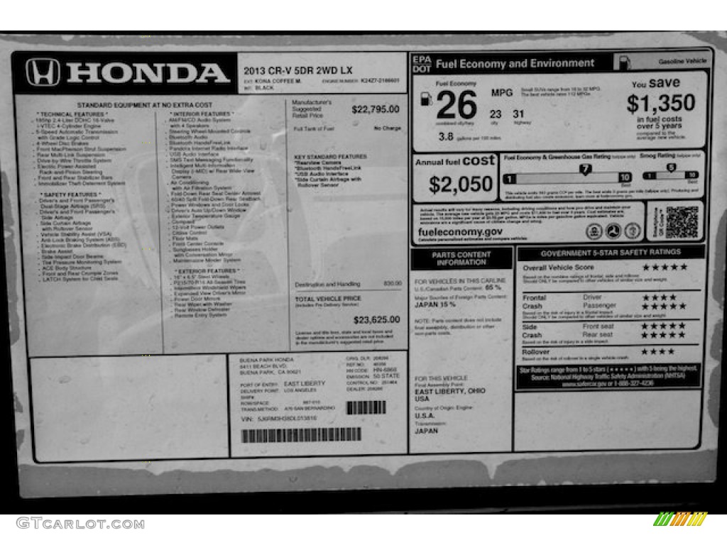 2013 Honda CR-V LX Window Sticker Photo #75581522