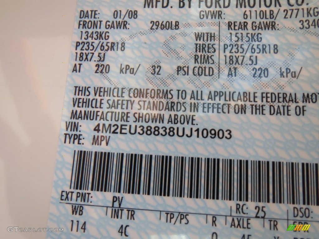 2008 Mercury Mountaineer Premier Color Code Photos