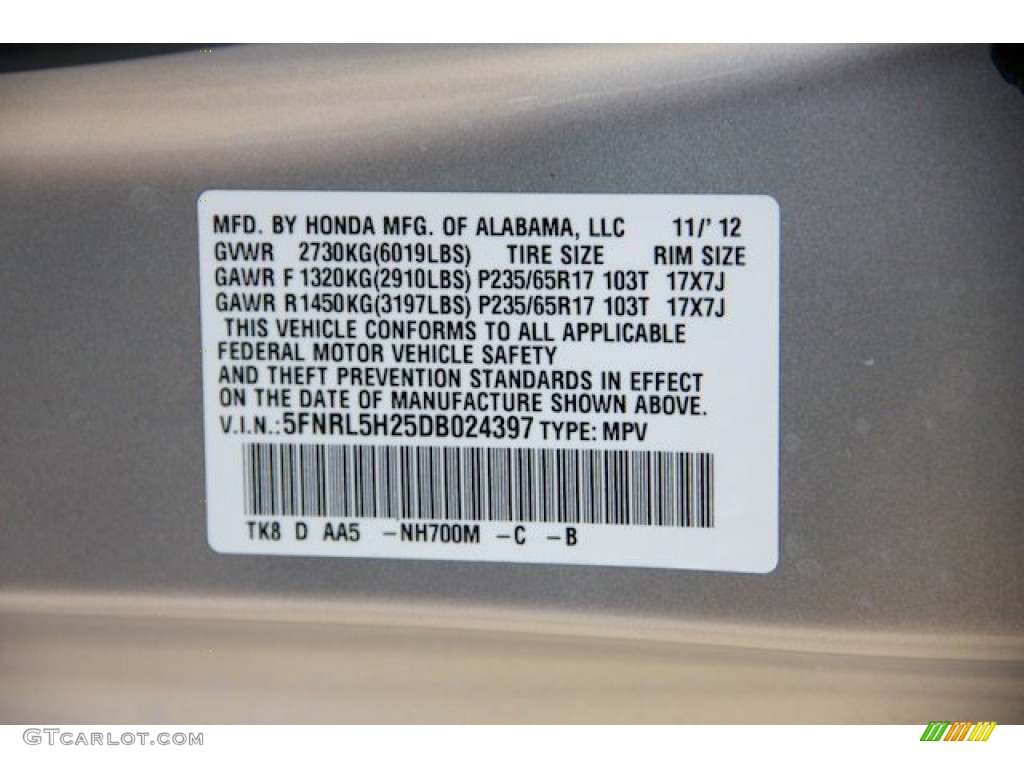 2013 Odyssey Color Code NH700M for Alabaster Silver Metallic Photo #75588212