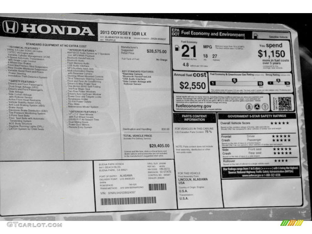 2013 Honda Odyssey LX Window Sticker Photo #75588243