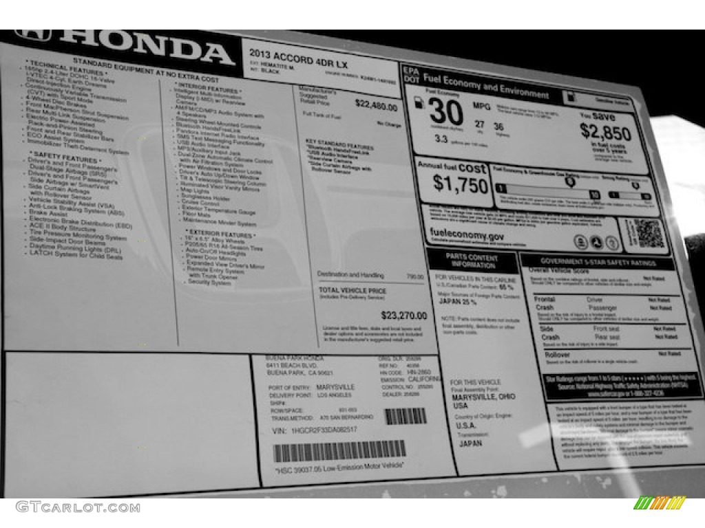 2013 Honda Accord LX Sedan Window Sticker Photo #75589995