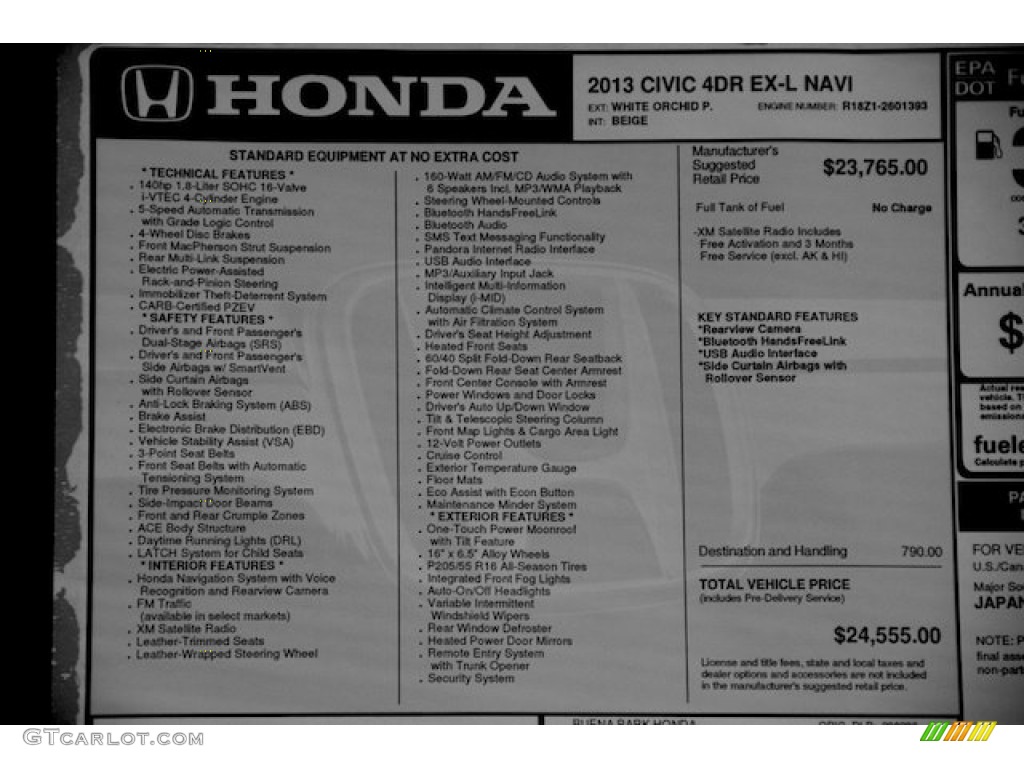 2013 Honda Civic EX-L Sedan Window Sticker Photo #75614460