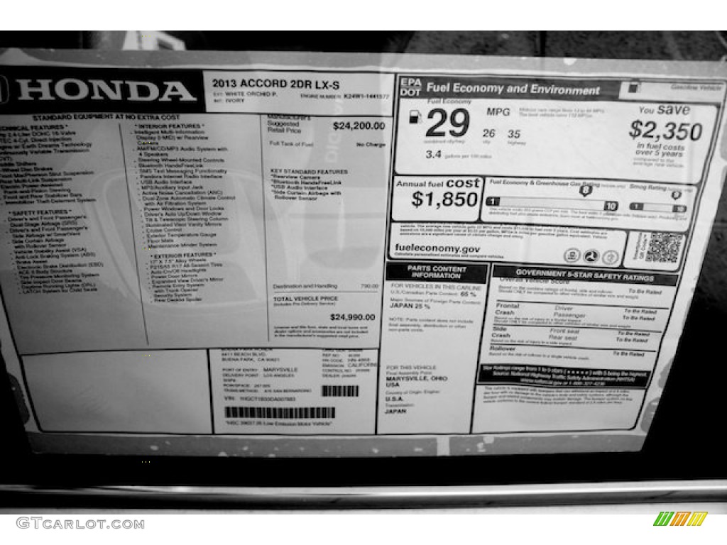 2013 Honda Accord LX-S Coupe Window Sticker Photo #75619641