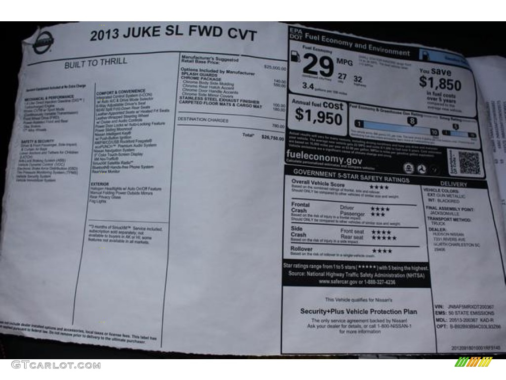2013 Nissan Juke SL Window Sticker Photo #75641121