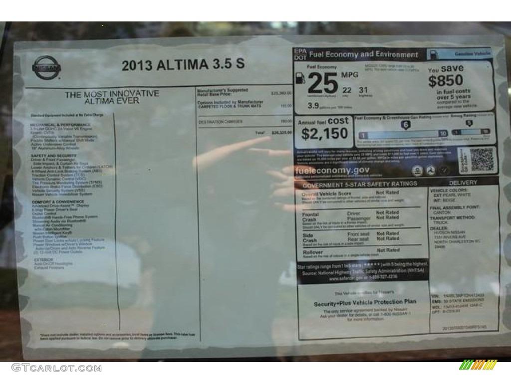 2013 Nissan Altima 3.5 S Window Sticker Photo #75642395