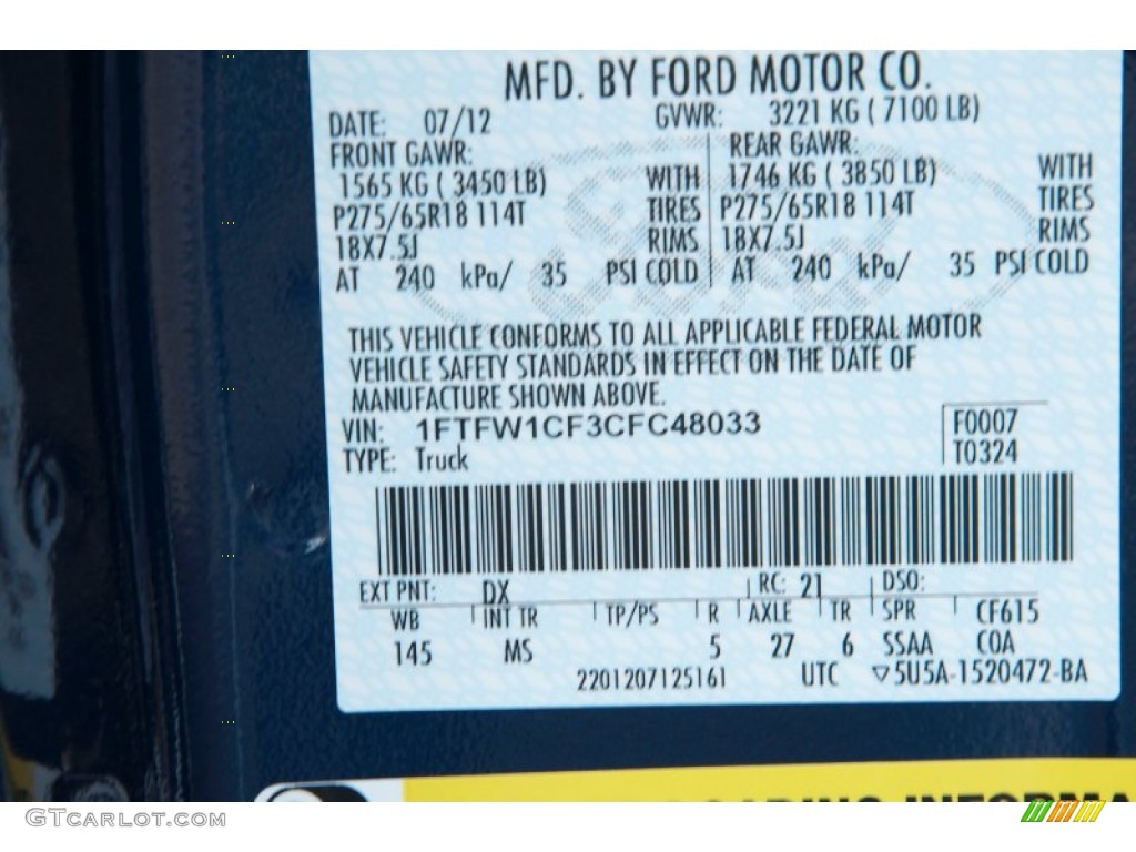 2012 F150 Color Code DX for Dark Blue Pearl Metallic Photo #75660681
