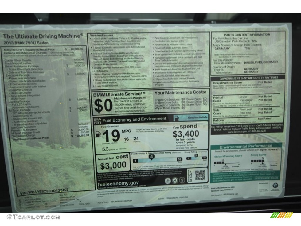 2013 BMW 7 Series 750Li Sedan Window Sticker Photo #75681891