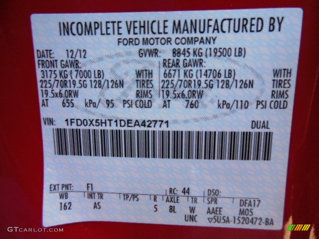 2013 F550 Super Duty Color Code F1 for Vermillion Red Photo #75703617