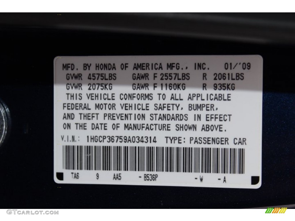 2009 Honda Accord EX V6 Sedan Color Code Photos