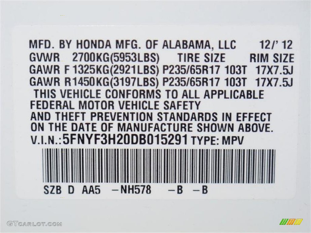 2013 Pilot Color Code NH578 for Taffeta White Photo #75717438