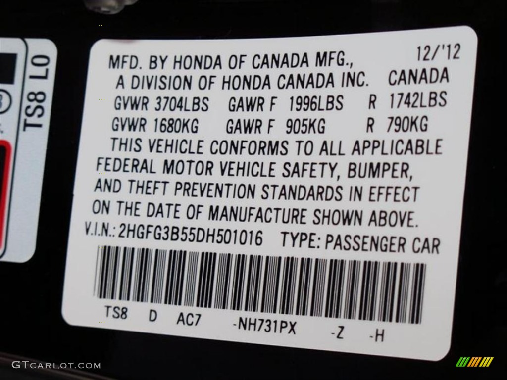 2013 Civic Color Code NH731PX for Crystal Black Pearl Photo #75731108