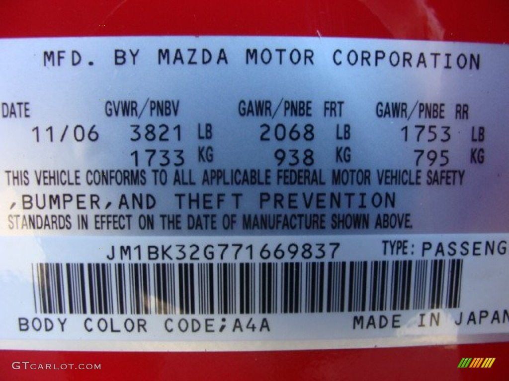 2007 MAZDA3 Color Code A4A for True Red Photo #75739247