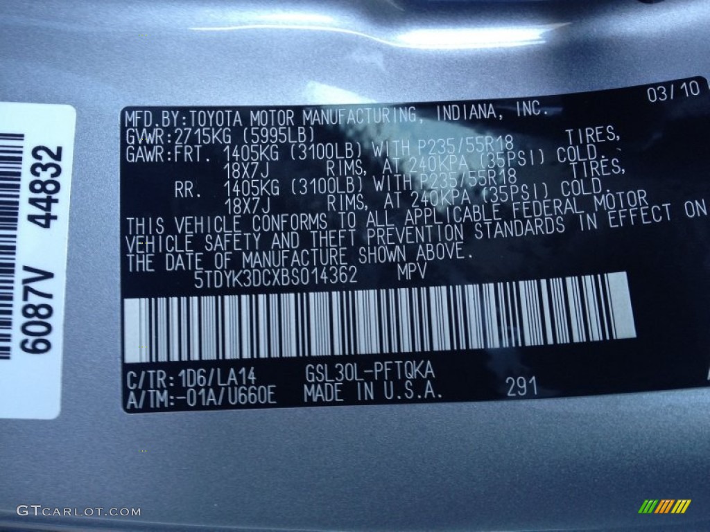2011 Toyota Sienna XLE Color Code Photos