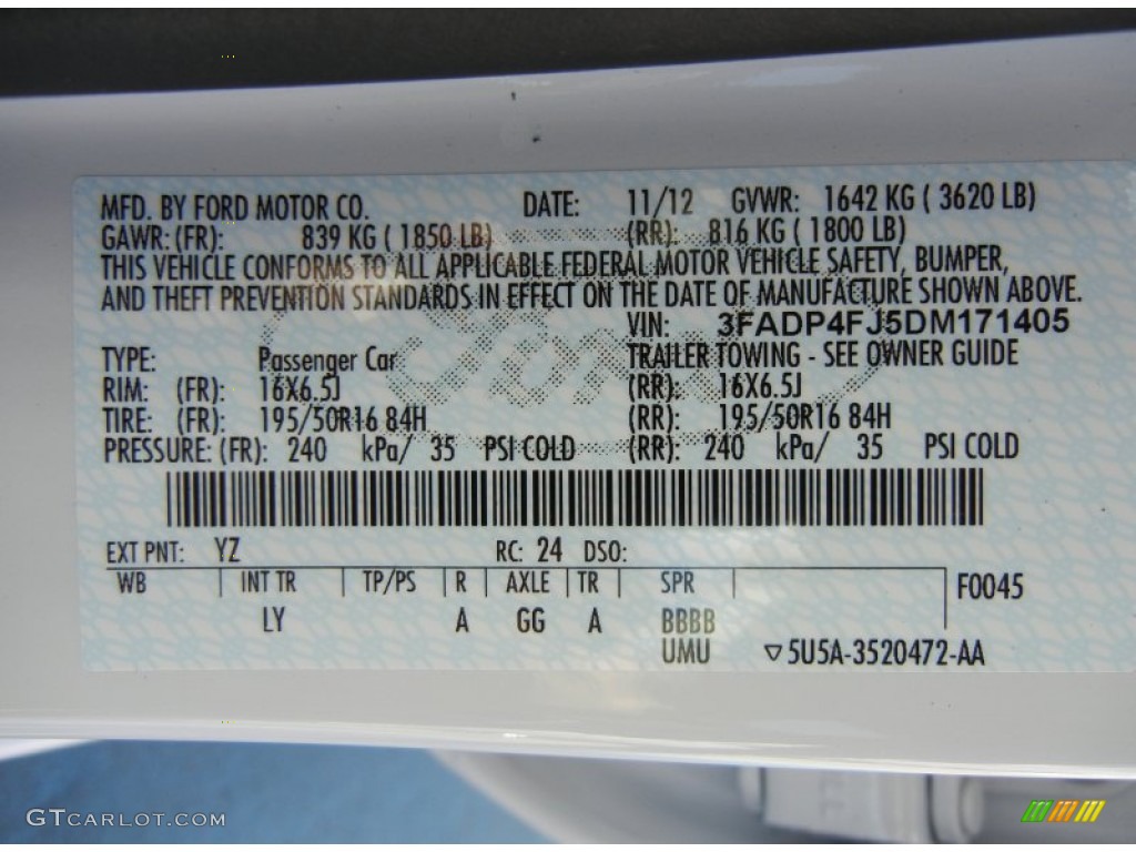 2013 Fiesta Color Code YZ for Oxford White Photo #75752819