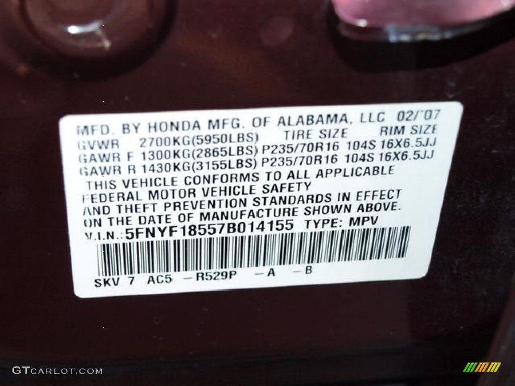 2007 Pilot Color Code R529P for Dark Cherry Pearl Photo #75755137