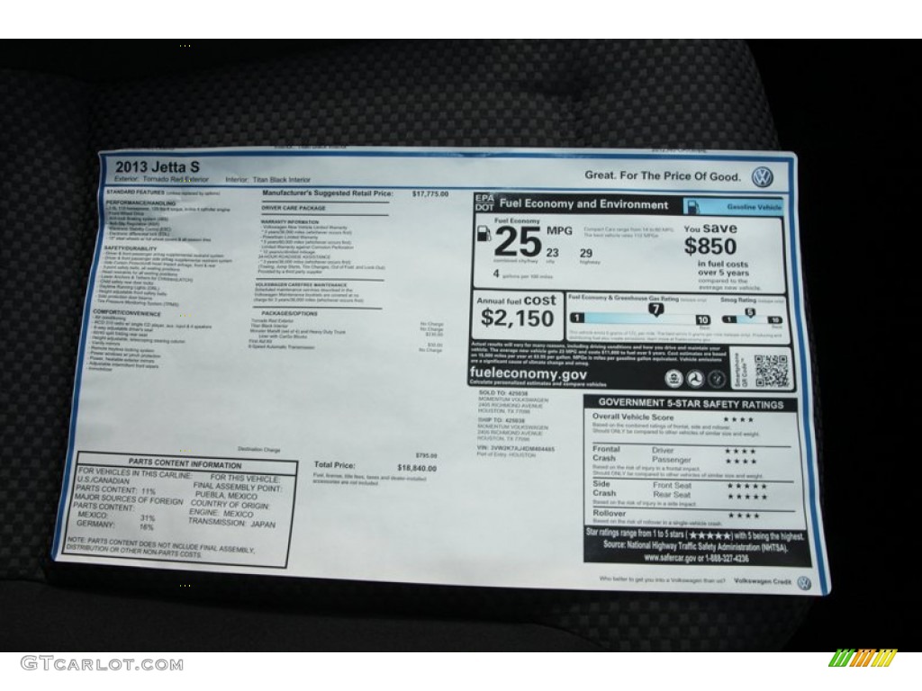 2013 Volkswagen Jetta S Sedan Window Sticker Photo #75755813