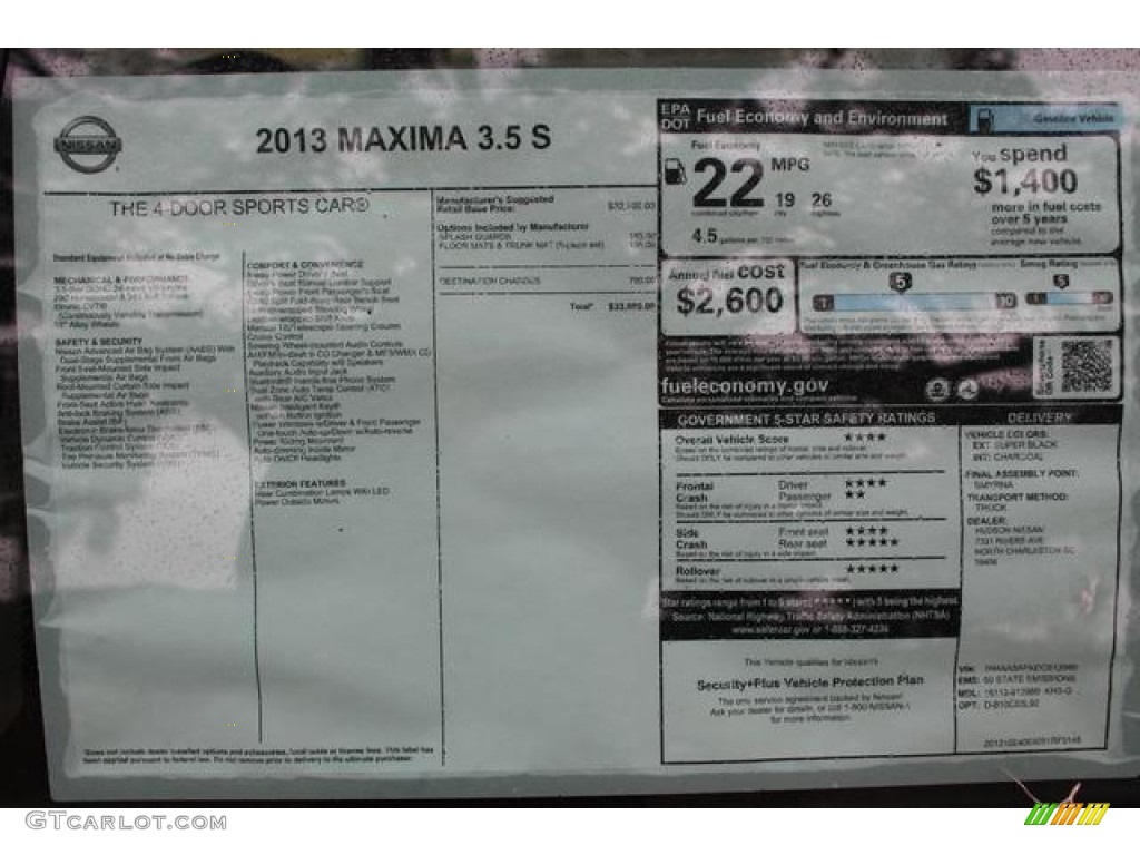 2013 Nissan Maxima 3.5 S Window Sticker Photos