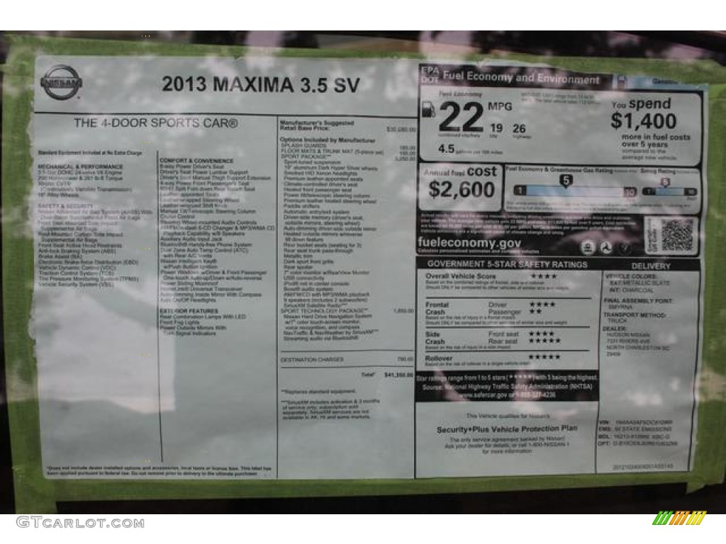 2013 Nissan Maxima 3.5 SV Sport Window Sticker Photos