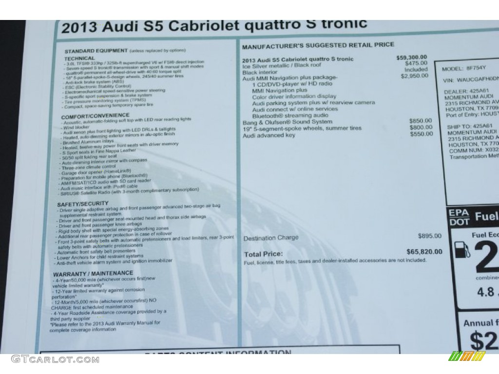 2013 Audi S5 3.0 TFSI quattro Convertible Window Sticker Photo #75765075
