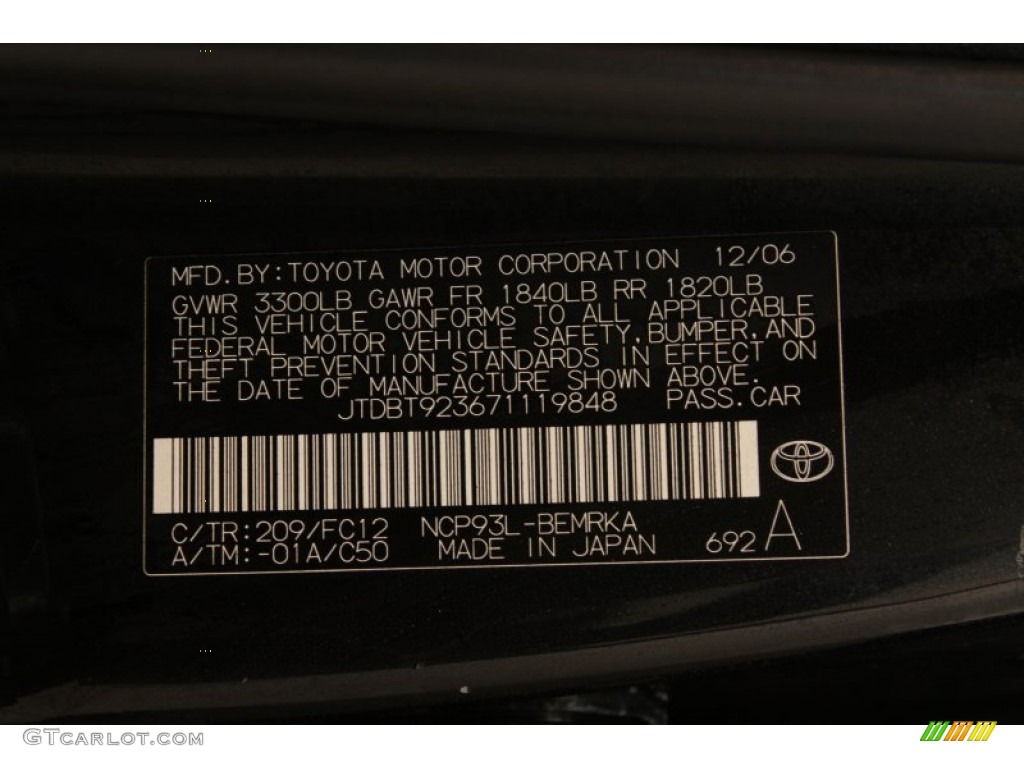 2007 Yaris Color Code 209 for Black Sand Pearl Photo #75766118