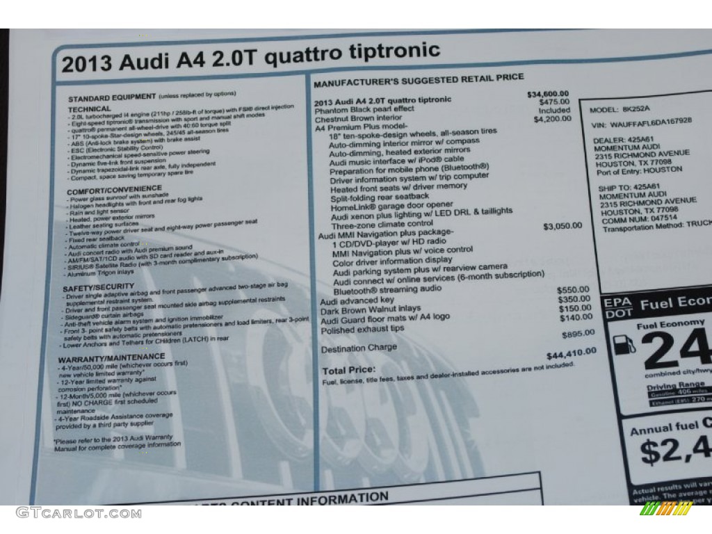 2013 Audi A4 2.0T quattro Sedan Window Sticker Photo #75766154