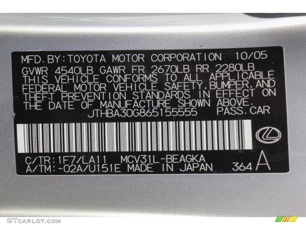 2006 ES Color Code 1F7 for Classic Silver Metallic Photo #75767475