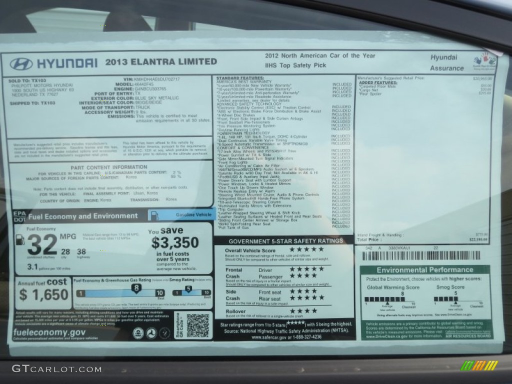 2013 Elantra Limited - Blue Sky Metallic / Beige photo #36